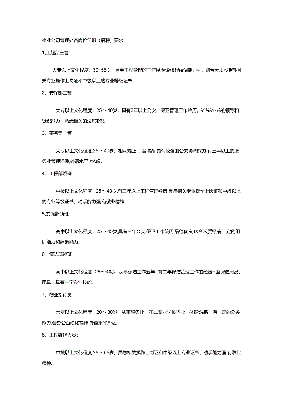 物业公司管理处各岗位任职（招聘）要求.docx_第1页