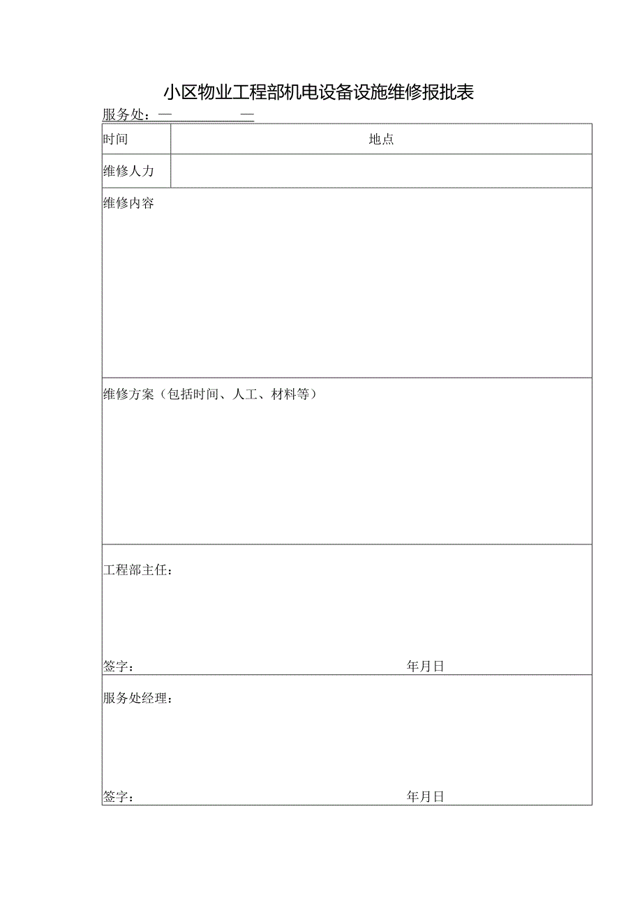 小区物业工程部机电设备设施维修报批表.docx_第1页