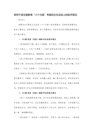 领导干部主题教育“六个方面”专题民主生活会上的批评意见.docx