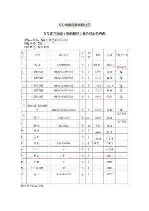 XX电器设备有限公司XX项目物资（配电箱柜）报价成本分析表（2024年）.docx