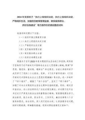2024年支部班子“执行上级组织决定、执行上级组织决定、严格组织生活、加强党员教育管理监督、联系服务群众、抓好自身建设”等方面存在的.docx