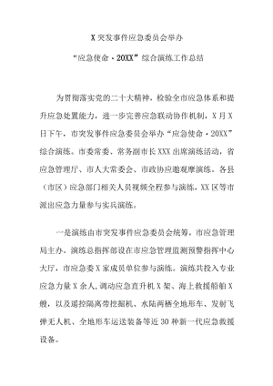 X突发事件应急委员会举办“应急使命·20XX”综合演练工作总结.docx