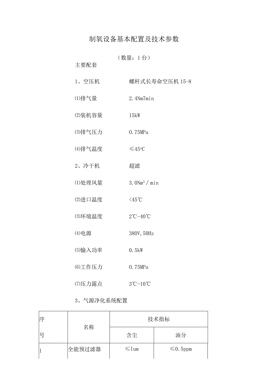 制氧设备基本配置及技术参数.docx_第1页