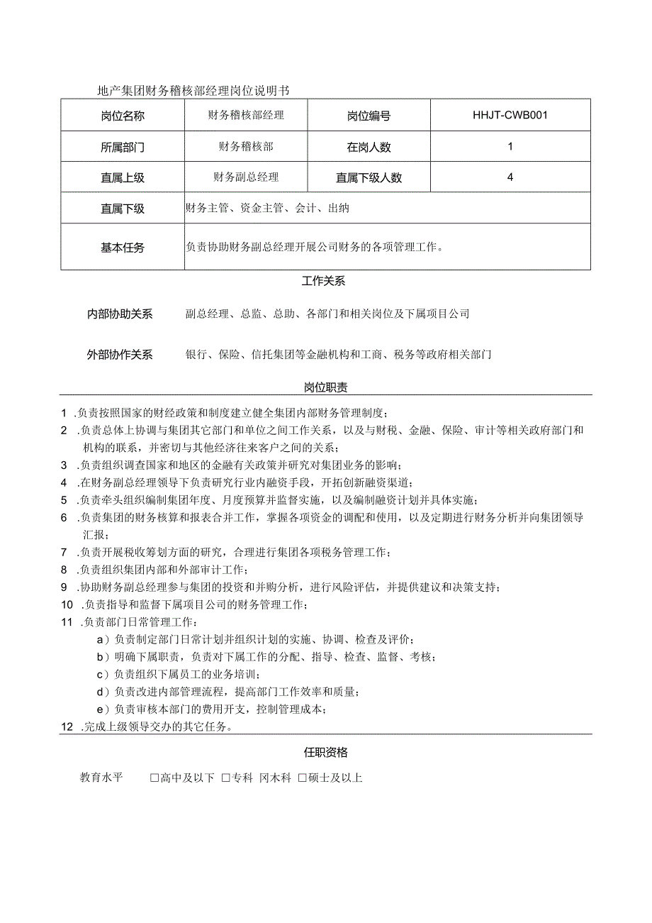 地产集团财务稽核部经理岗位说明书.docx_第1页