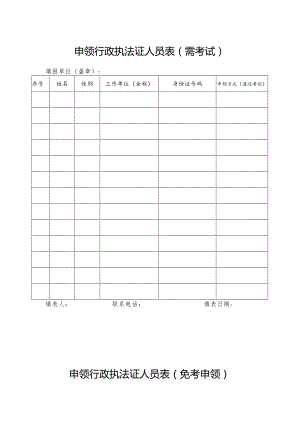 申领行政执法证人员表需考试.docx