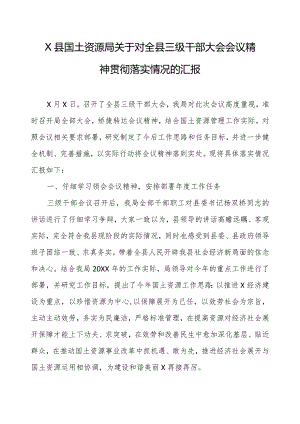 x县国土资源局关于对全县三级干部大会会议精神贯彻落实情况的汇报.docx
