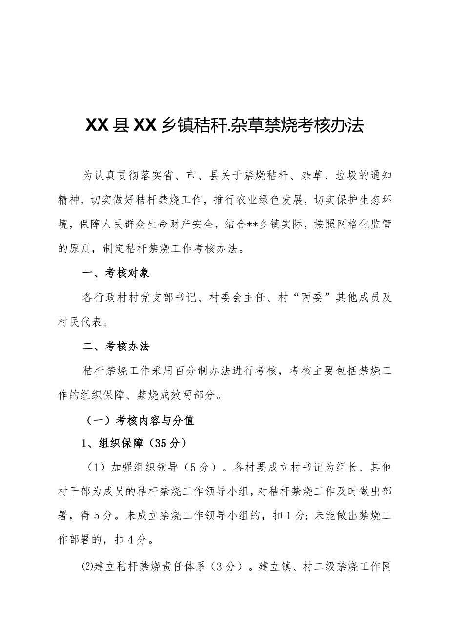 XX乡镇秸秆禁烧考核办法.docx_第1页