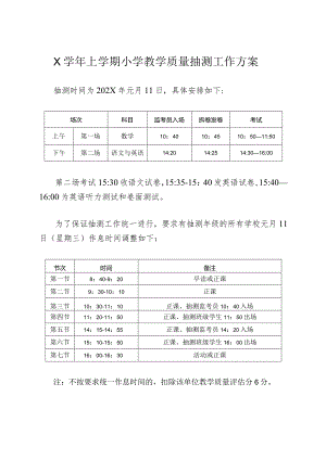 X学年上学期小学教学质量抽测工作方案模板.docx