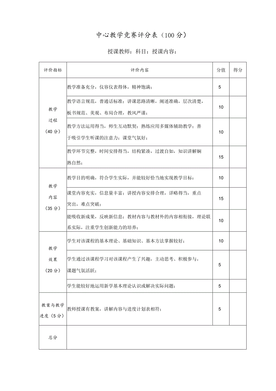 中心教学竞赛评分表（100分）.docx_第1页