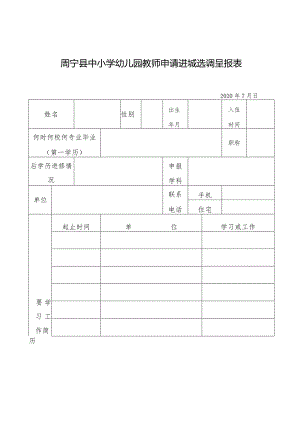 周宁县中小学幼儿园教师申请进城选调呈报表.docx