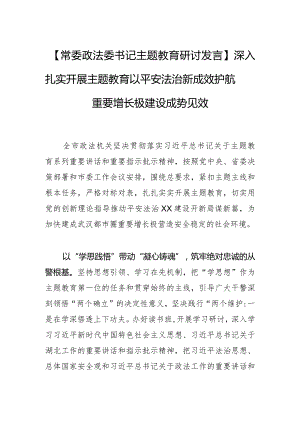 【常委政法委书记主题教育研讨发言】深入扎实开展主题教育以平安法治新成效护航重要增长极建设成势见效.docx