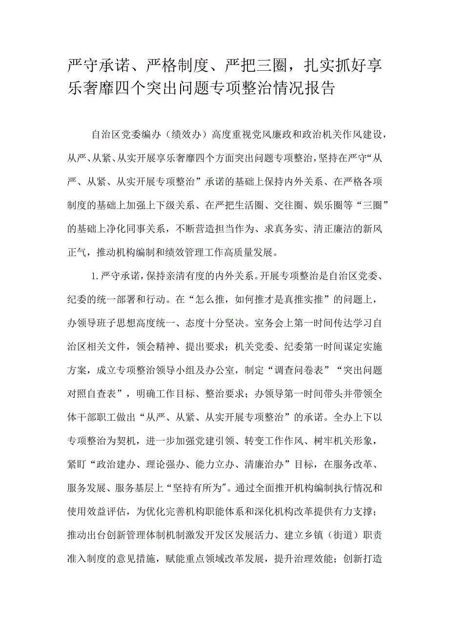 严守承诺、严格制度、严把三圈扎实抓好享乐奢靡四个突出问题专项整治情况报告.docx_第1页