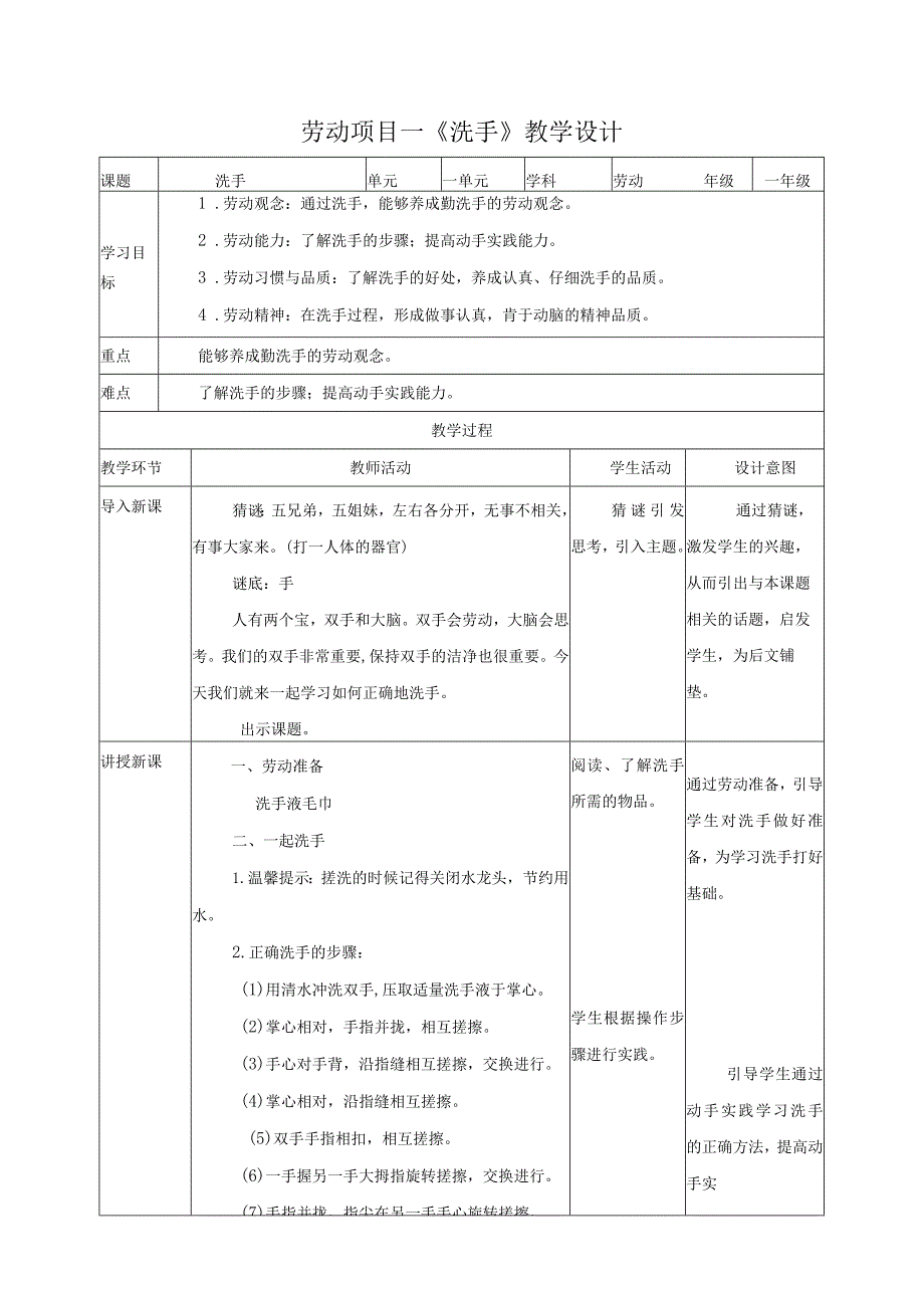 【核心素养目标】人教版《劳动教育》一上:《洗手》教案.docx_第1页