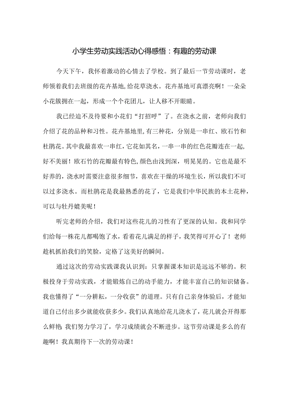 小学生劳动实践活动心得感悟：有趣的劳动课.docx_第1页