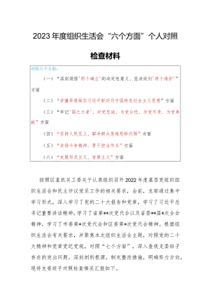 局党支部干部2023年度专题组织生活会围绕（六个方面：两个确立、学懂弄通、牢记‘国之大者’、“坚持人民至上、发扬斗争精神、克服形式主义）个.docx