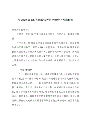 在2023年XX乡街政法委员交流会上发言材料.docx