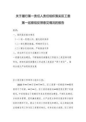 关于履行第一责任人责任组织落实区工委第一巡察组反馈意见情况的报告.docx