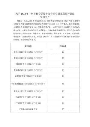 关于2022年广州市社会保障卡合作银行服务质量评价结果的公告.docx