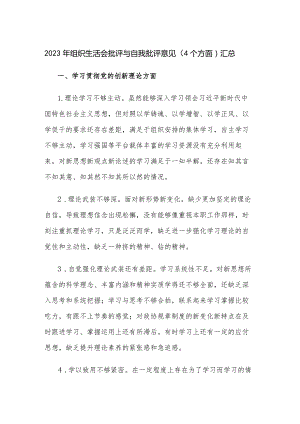 2023年组织生活会批评与自我批评意见（4个方面）汇总.docx