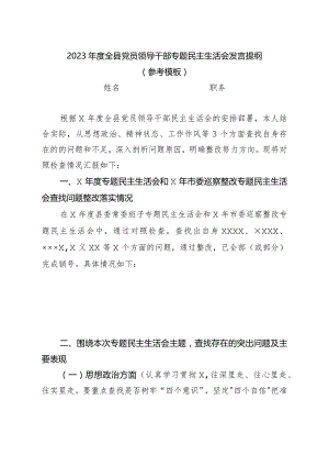 2023年度全县党员领导干部专题民主生活会发言提纲(参考模板).docx