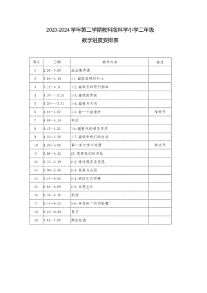 2023-2024学年第二学期教科版科学小学二年级教学进度安排表.docx