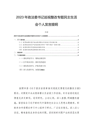 2023年政法委书记巡视整改专题民主生活会个人发言提纲.docx