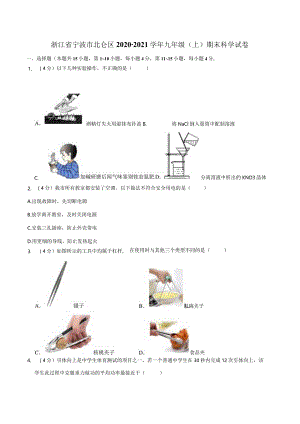 浙江省宁波市北仑区2020-2021学年九年级上学期期末科学试卷公开课教案教学设计课件资料.docx