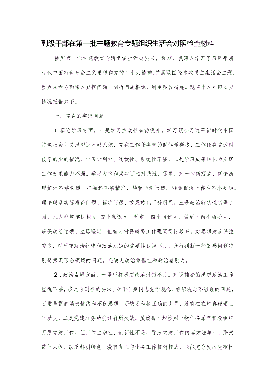 副级干部在第一批主题教育专题组织生活会对照检查材料.docx_第1页