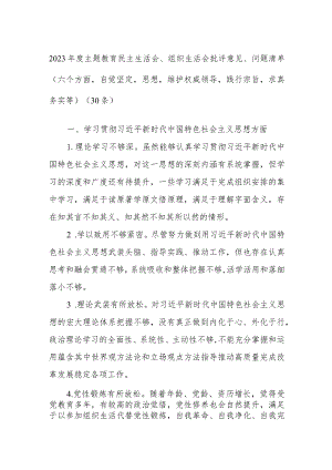 (30条)2023年度主题教育民主生活会、组织生活会批评意见、问题清单（六个方面自觉坚定等）.docx