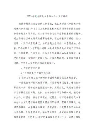 2023年度专题民主生活会个人发言提纲.docx