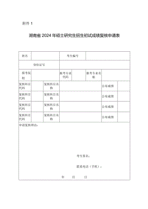 湖南省2024年硕士研究生招生初试成绩复核申请表.docx