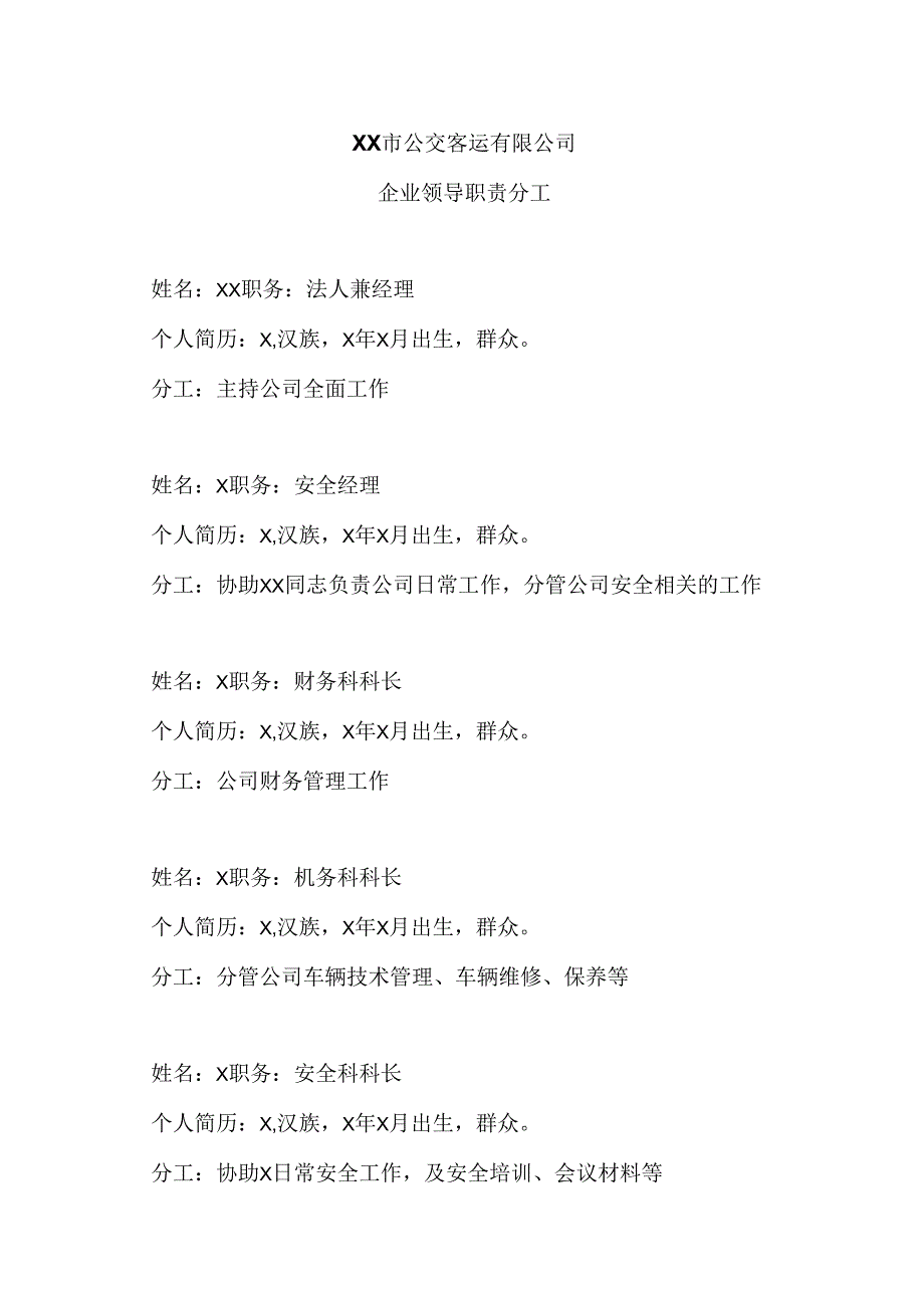 XX市公交客运有限公司企业领导职责分工(2024年).docx_第1页