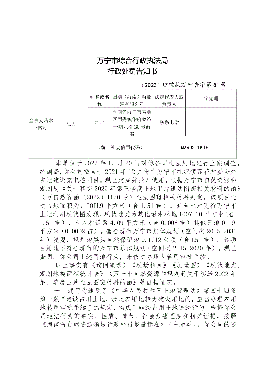 万宁市综合行政执法局行政处罚告知书.docx_第1页