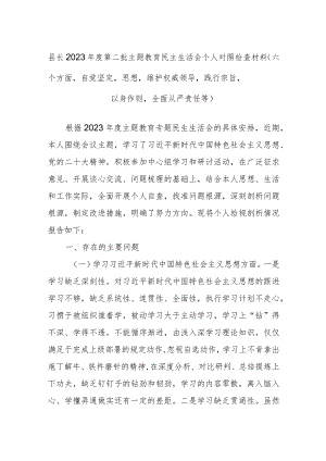 县长2023年度第二批主题教育民主生活会个人对照检查材料（六个方面自觉坚定等）.docx