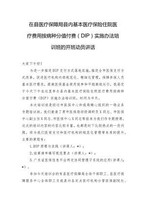 在县医疗保障局县内基本医疗保险住院医疗费用按病种分值付费（DIP）实施办法培训班的开班动员讲话.docx