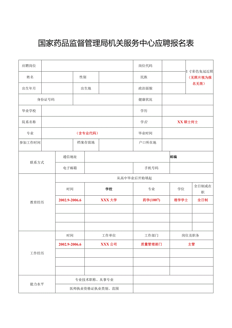 国家食品药品监督管理局培训中心应聘报名表.docx_第1页