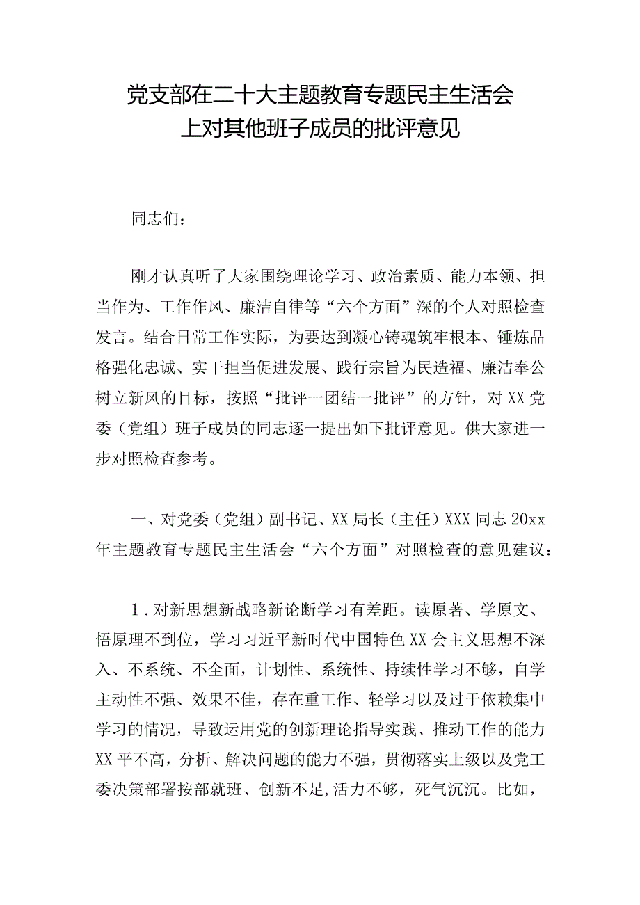 党支部在二十大主题教育专题民主生活会上对其他班子成员的批评意见.docx_第1页