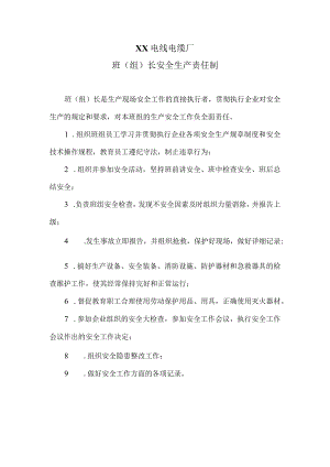 XX电线电缆厂班（组）长安全生产责任制（2023年）.docx