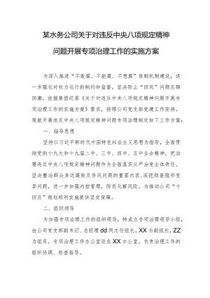 某水务公司关于对违反中央八项规定精神问题开展专项治理工作的实施方案.docx