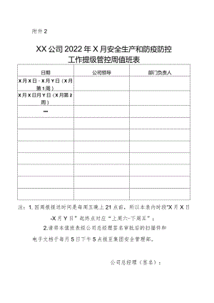 公司安全和防疫工作提级管控周值班表每月日下午点前报送.docx