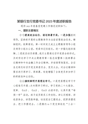 某银行支行党委书记2023年度述职报告.docx