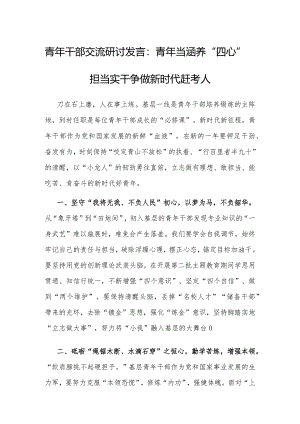 研讨发言：青年当涵养“四心”担当实干争做新时代赶考人.docx