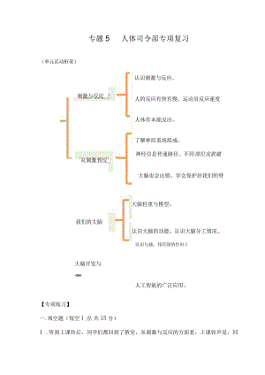苏教版小学五年级科学下册《第五单元：人体司令部》自学练习题及答案.docx