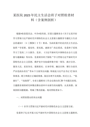 某医院2023年民主生活会班子对照检查材料（含案例剖析）.docx