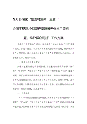 XX乡深化“整治村集体‘三资’管理不规范合同不规范、个别资产资源被无偿占用等问题维护群众利益”工作方案.docx