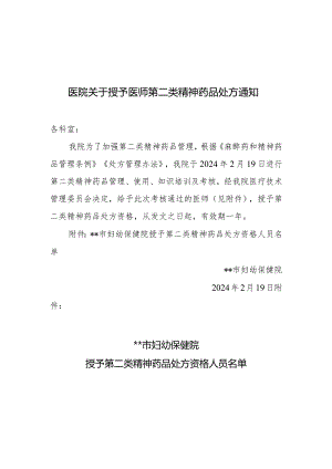 医院关于授予医师第二类精神药品处方通知.docx