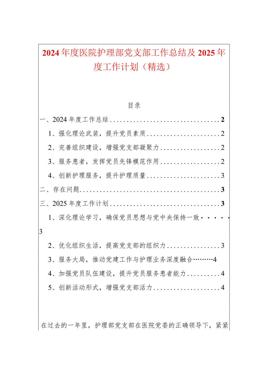 2024年度医院护理部党支部工作总结及2025年度工作计划（精选）.docx_第1页