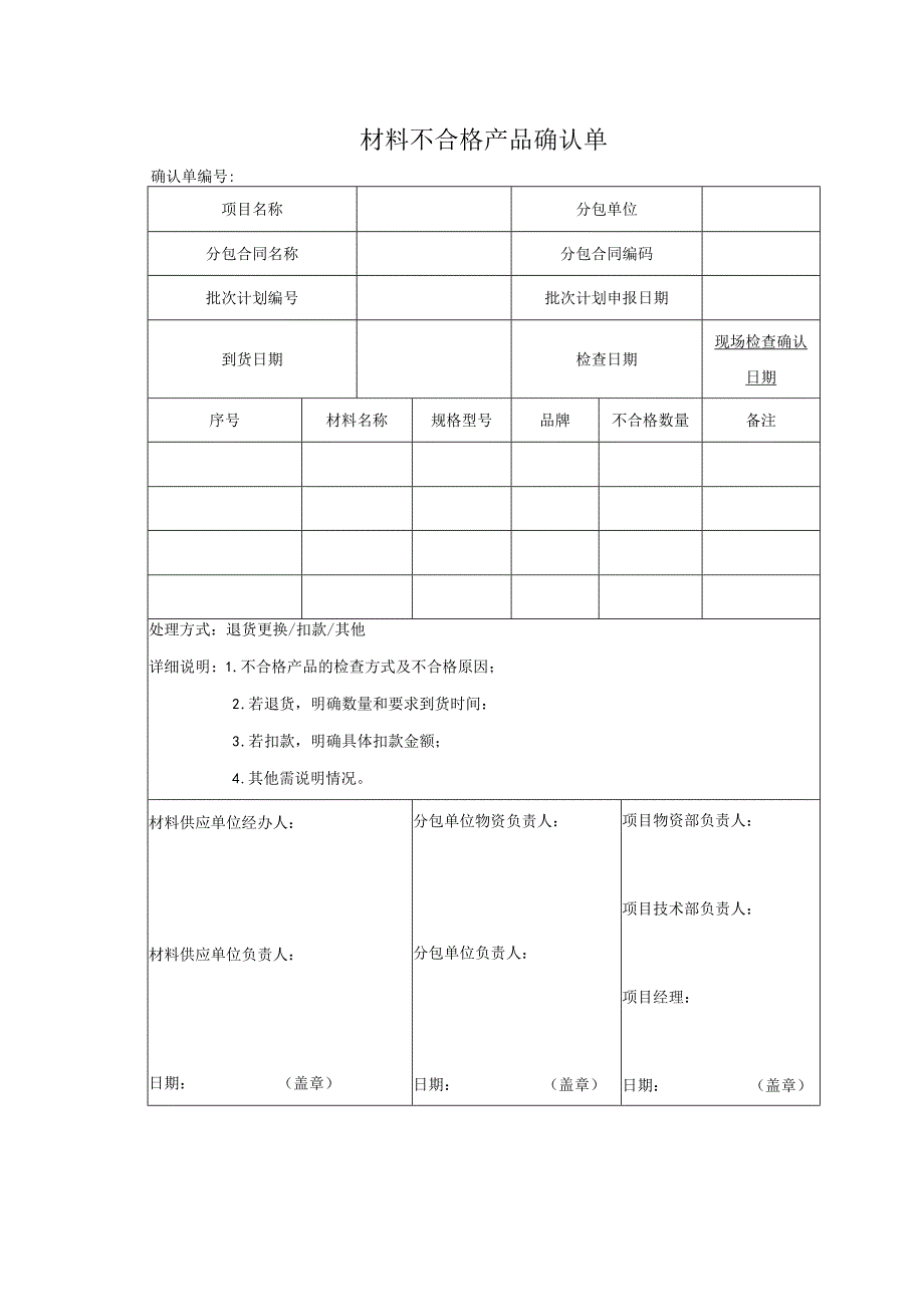 材料不合格产品确认单(劳务分包).docx_第1页