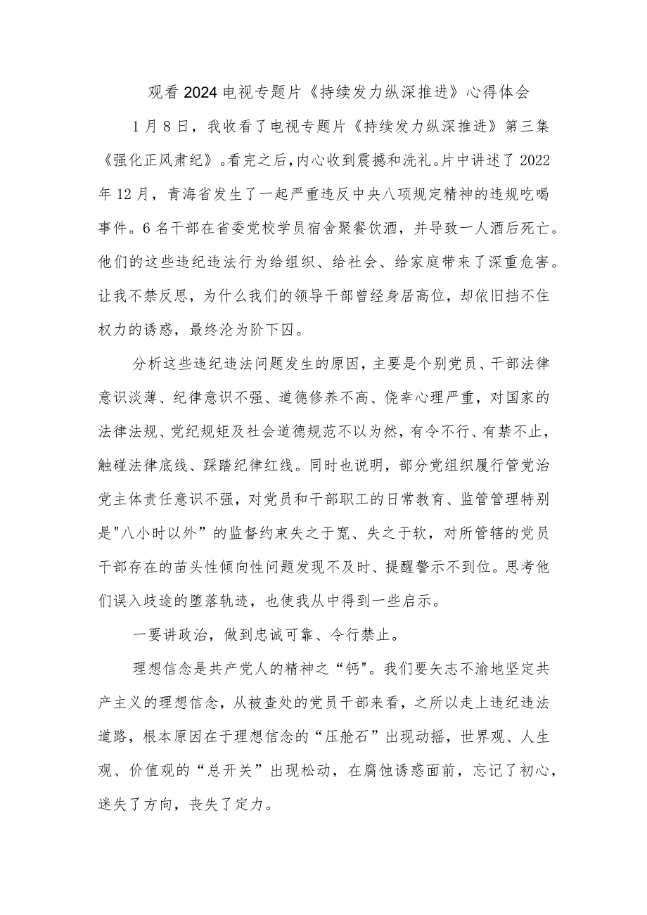 观看2024电视专题片《持续发力纵深推进》心得体会.docx_第1页