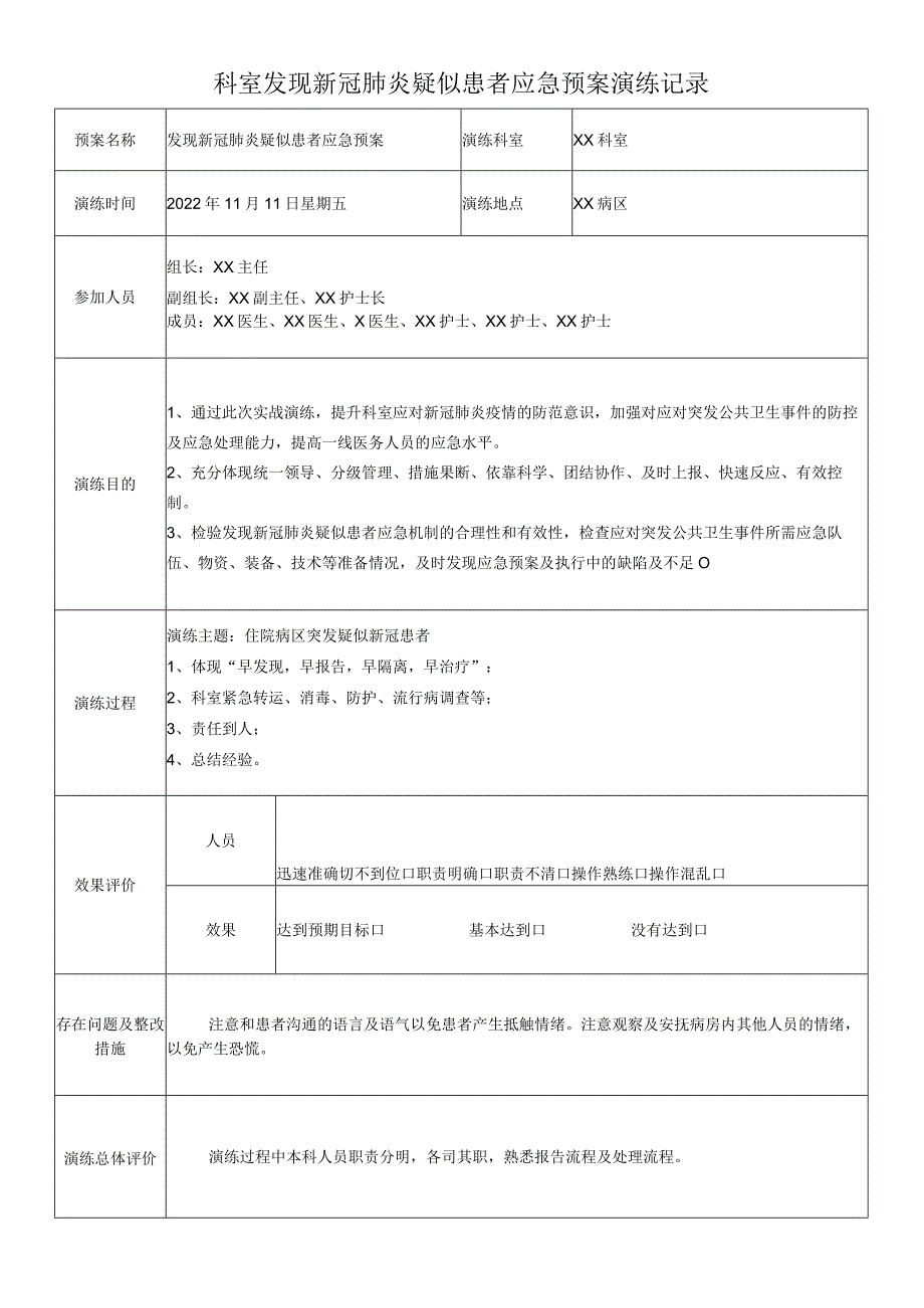 科室发现新冠肺炎疑似患者应急预案演练记录.docx_第1页